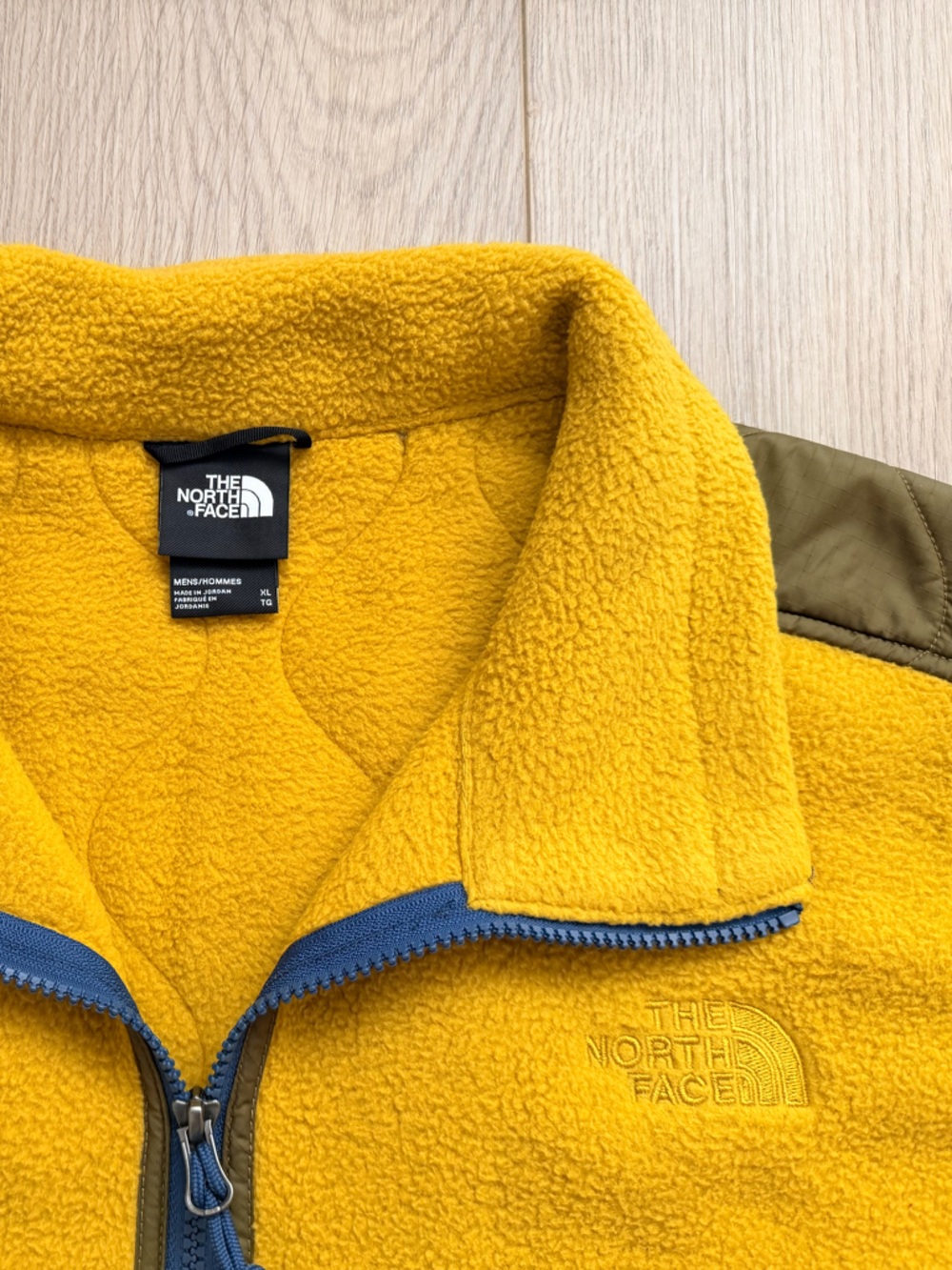 The North Face Yellow Fleece Vest with Olive Patch Pockets and Blue Trim - Picture 6 of 11